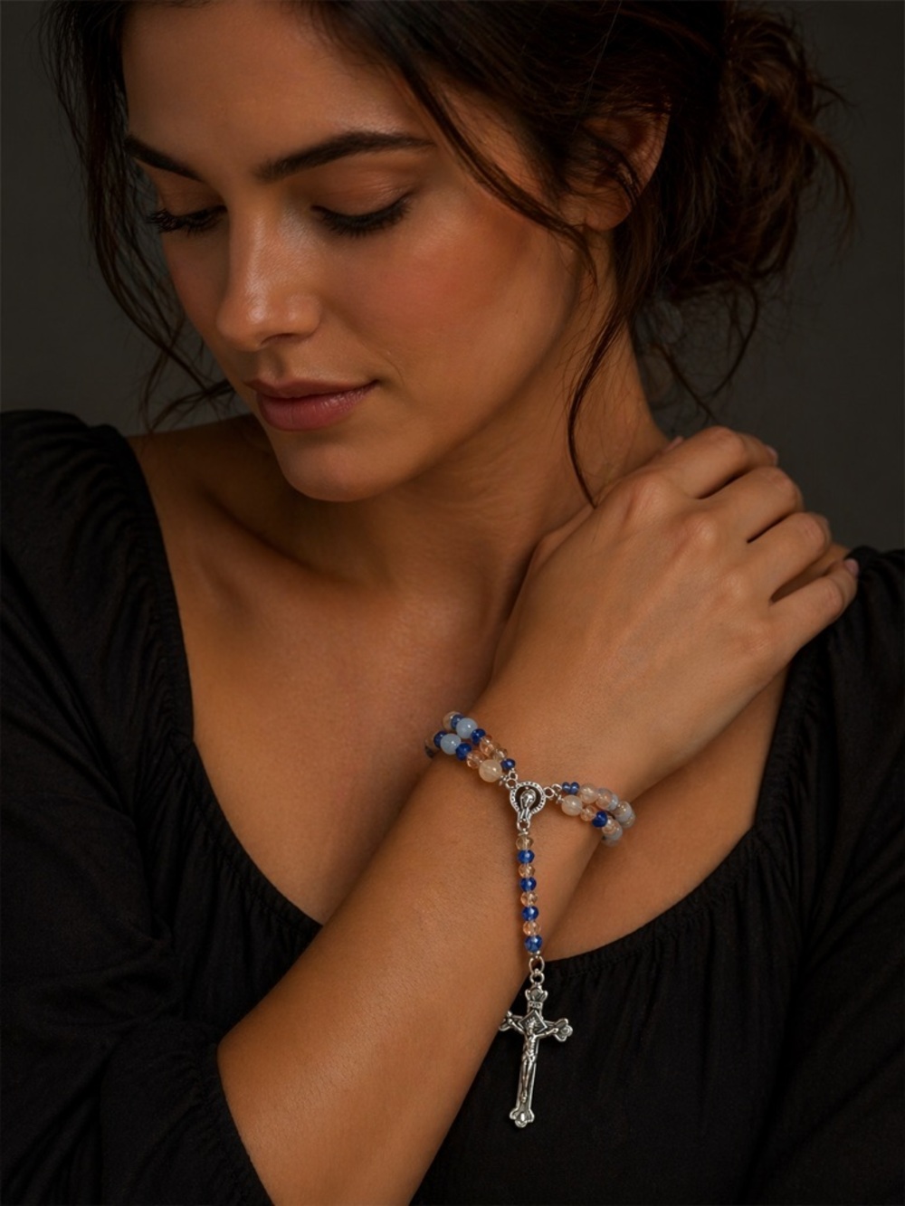 Handcrafted Blue and Cream Rosary Sacred Glow Rosary Bracelet